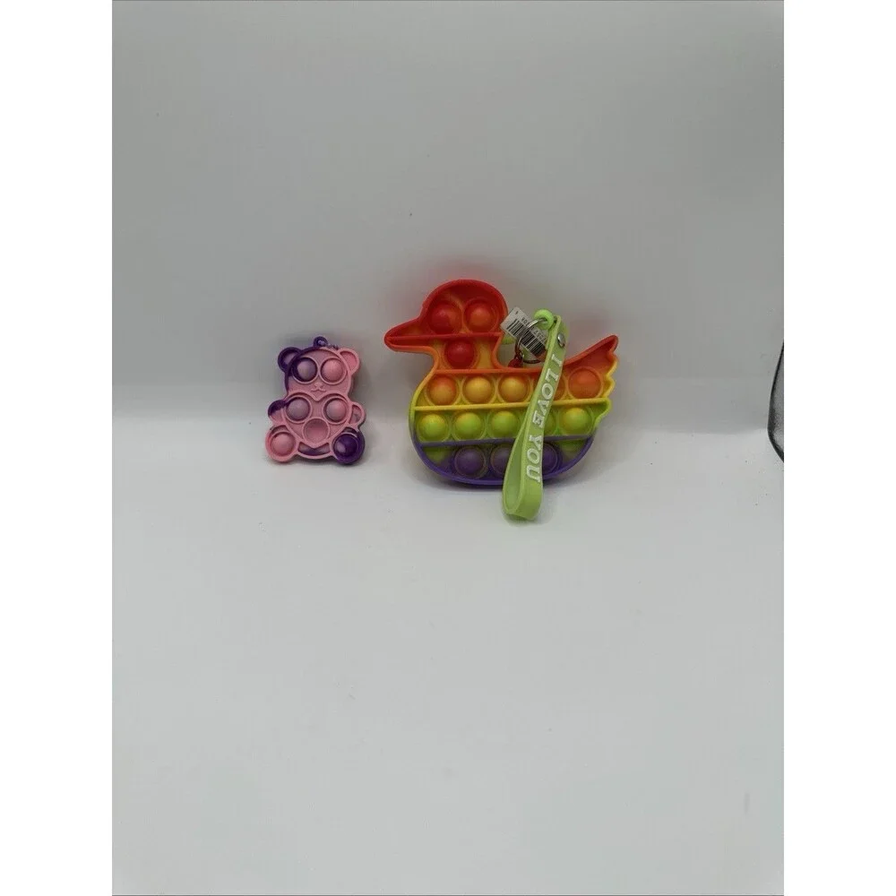 Pop It Fidget Toy Lot Rainbow Duck & Tie-Dye Bear Keychain Silicone NWT